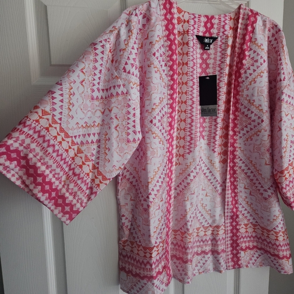 Investments 3/4 Sleeve Open Front Kimono: Magenta/White/Orange Mosaic Tile Print - Picture 4 of 12